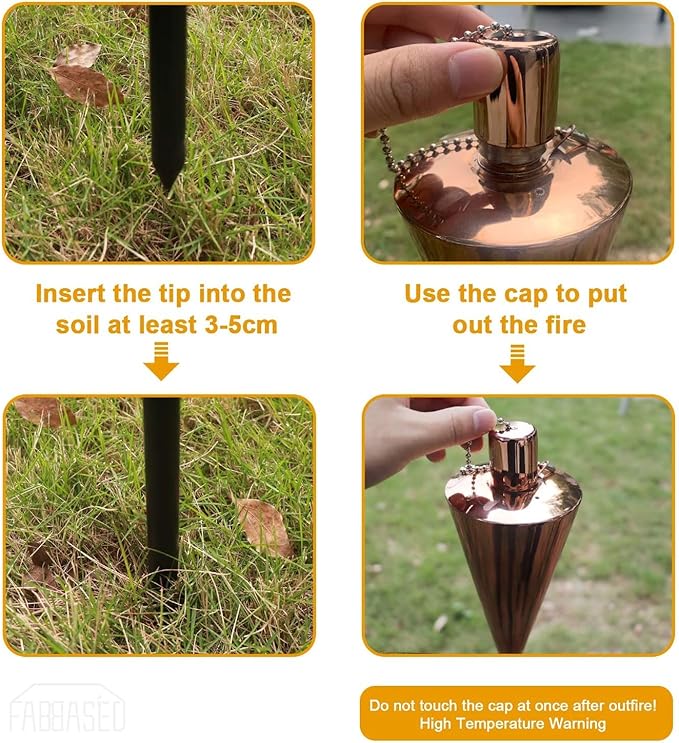 FAB BASED 55 Inch Outdoor Oil Torch Lamp–Set of 4 Pieces Rustproof Stainless Steel Citronella Torches, 12.17 oz, Includes Funnel & Fiberglass Wicks for Patio Garden Backyard (Rose Gold)