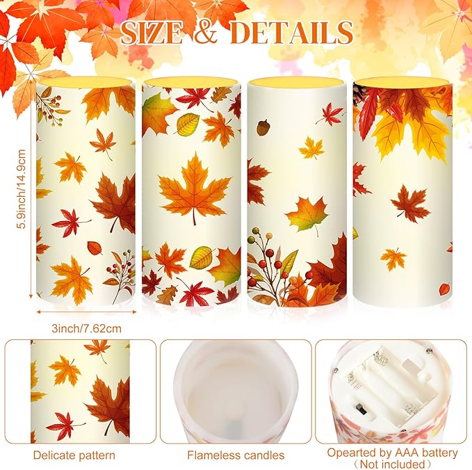 Tiamon Maple Leaf Flameless Candles Led Leaves Candles Battery Operated Yellow Flickering Candles with 18-Key Remote Timer Pillar for Garden Flower Plants Party Table Decorations