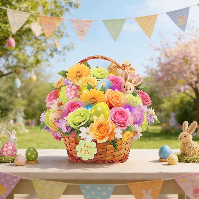 Tcamp Easter Cards with Envelope, Pop Up Easter Cards with Music and Lights, Easter Eggs Bunny Flower Basket Easter Card for Kids Adults Women Mom Daughter Sister Girls