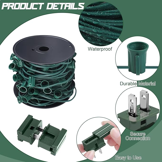 Fovths 100 Ft C9/E17 Christmas Light Sockets Set Outdoor UL Listed String Light Include 100 E17 Socket with 100 Clips, 10 Female Male Plug, Stringer Spool Christmas C9 Green Wire for Patio Event Decor