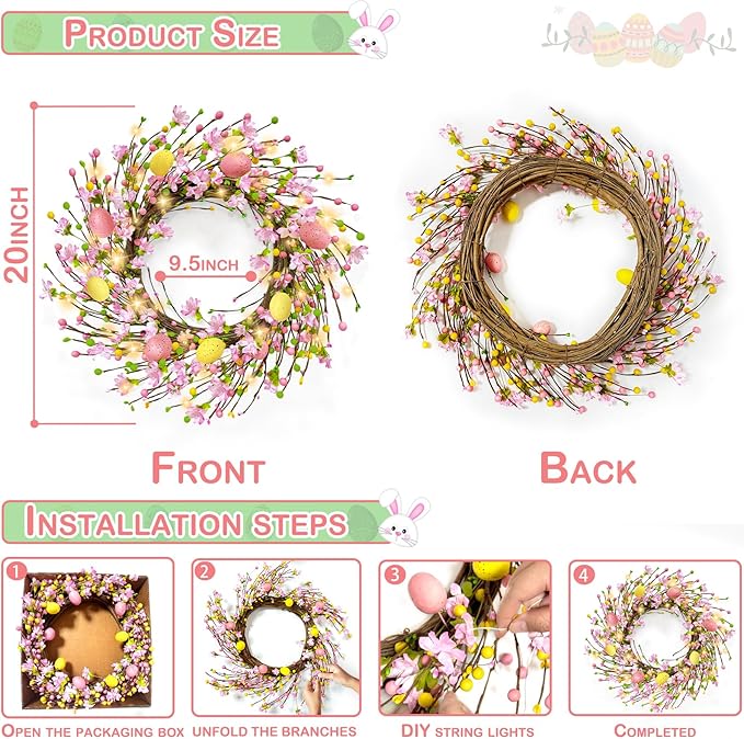 Timer - 20 Inch Easter Wreaths for Front Door with 20 Warm LED Lights Colorful Eggs, Battery Operated Easter Decorations fo Home Wall Window Indoor Outdoor Spring Holiday Decorations, Easter Gifts