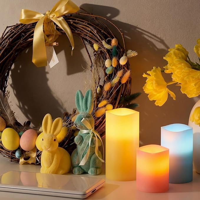 VIHOSE Pastel Flameless Candles Battery Operated Flameless Pillar Candles Real Wax Fake Candle with Remote and Timer Flickering for St. Patrick's Easter Gift Home Party