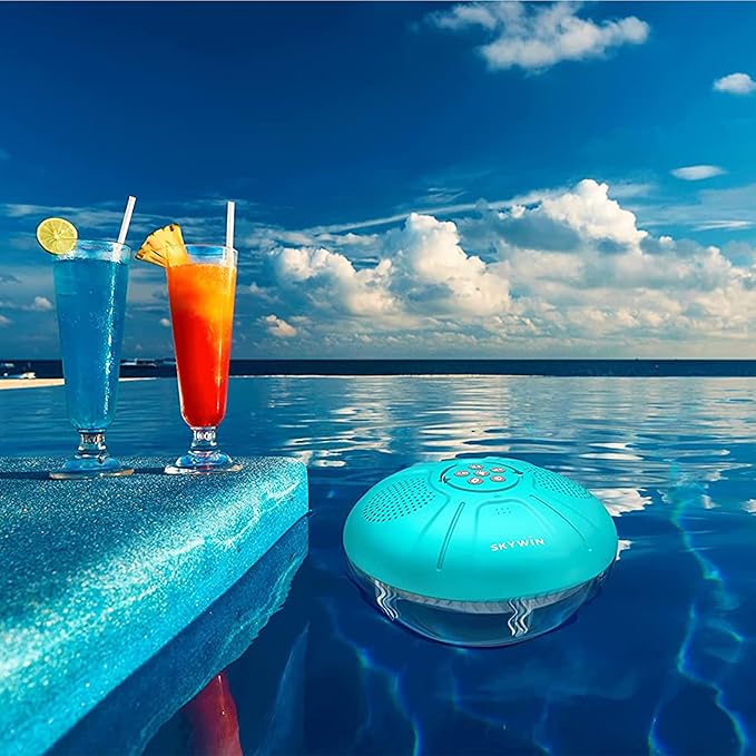 Skywin Floating Pool Speaker with Lights, Wireless Waterproof Bluetooth Speaker for Pool - Dual 5W Sound, Touch Controls, Rechargeable Shower Speaker, Inflatable Hot Tub Accessories for Pool Parties