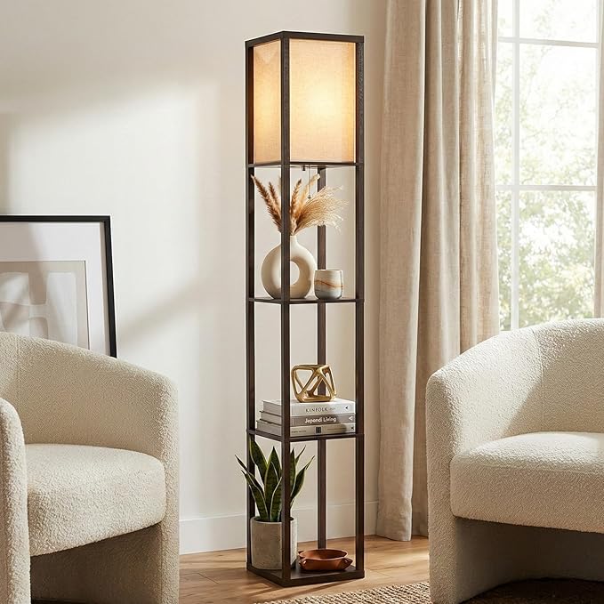 Brightech Maxwell - Modern Shelf Floor Lamp with Lamp Shade & Warm White LED Bulb, Corner Display Floor Lamp with Shelves for Living Room, Bedroom, Nightstand Office, Home Decor Storage - Havana Brown