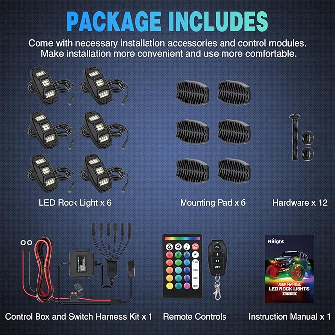 Nilight RGBW LED Rock Lights Kit, 6 Pods 22LED Wide Angle Remote & Bluetooth App Dual Control with Music Modes Multicolor Underglow Neon Wheel Well Light Fit for ATV UTV SUV Offroad Truck RZR Boat