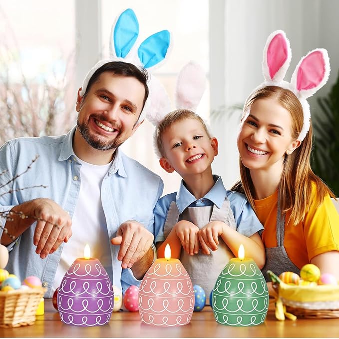 Leorate 3PCS Easter Egg Flameless Candles – 5.2" Battery Operated LED Egg Candles with White Wave Pattern, Green Purple Pink Real Wax Finish, Flickering Flame for Easter Table Centerpiece Spring Home