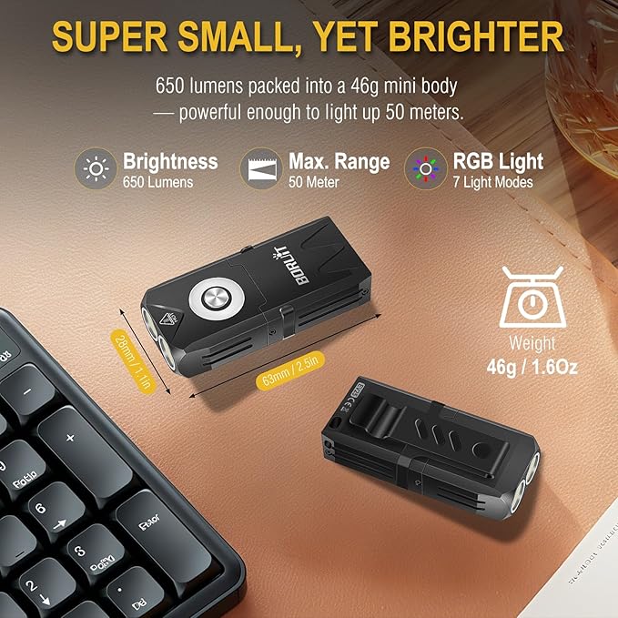 BORUIT EV25 Mini Small Powerful LED Rechargeable EDC Flashlight – 650 Lumens, Pocket Keychain with White & RGB Side Light,Magnetic Tail & Clip, IP66 Waterproof for Camping, Hiking, Emergency