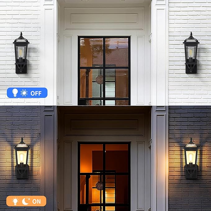 2-Pack Motion Sensor Outdoor Wall Lantern, Dusk to Dawn Outside Modern Lighting Fixtures, Black Exterior Porch Lamp Lighting, Waterproof Outdoor Wall Sconce for Patio (Glass Cover)