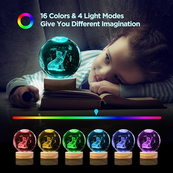 3D Cat Crystal Ball Night Light Cat Lover Gifts for Women 3.15 Inch Figurines Decor Lamp with 16 Color Wooden LED Base and Remote, Birthday Christmas Gifts for Boys Girls Kids