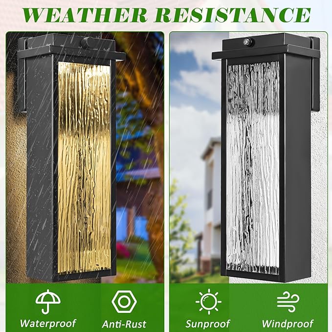 20" Extra Large Dusk to Dawn LED Outdoor Light 2 Packs, Black Modern Exterior Lighting Fixtures, Outside Porch Lights Wall Mount, Mid-Century Wall Lantern with Rippled Glass Patio Sconce Lamp