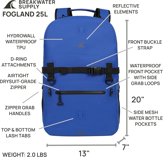 Breakwater Supply™ Waterproof IP68 Submersible Backpack with Airtight Zippers | Laptop Travel Outdoors | Fogland 25L 20L 15L | 100% Waterproof, Submersible, Airtight Zippers, Travel Outdoors