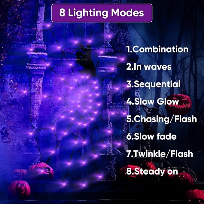 Halloween Decorations Spider Web Lights - 2 Pcs Light Up Spider Web, 4FT Diameter 70 LED with Black Spider, Waterproof, Remote Control, 8 Modes Cobweb Halloween Decorations (Purple+Orange)