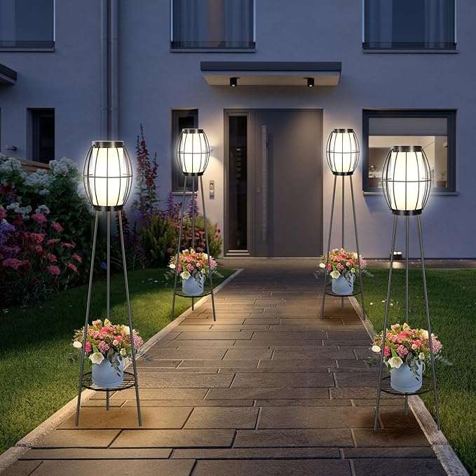 2 Pack Solar Lights Outdoor with Plant Stands, Solar Floor Lamps, Black Metal Tripod Deck Lights, Patio Decor for Garden Yard Pathway Driveway Porch