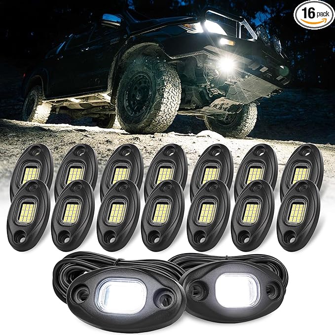 Rock Lights for Trucks-24Chip High Power 6000k Pure White, 15FT Cable Each Light, Aluminum Case, Waterproof IP68 Underglow Lights for Cars Jeep UTV ATV(16 PCS)