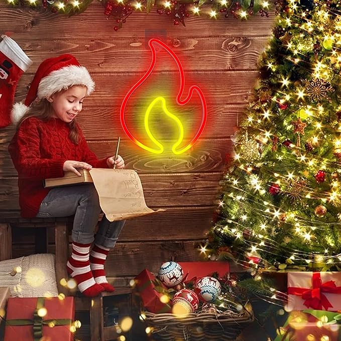 Fire Flame Neon Sign, Flame Led Light Sign for Wall Decor, Hanging Flaming Fire Neon Light, USB or Battery Powered Fire Neon Sign for Home, Bedroom Wall Décor, Party, Bar, Christmas Birthday Gift