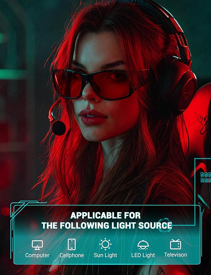 TIJN Sonia Sleep Glasses for Blue & Green Light Blocking,Red Lens with Dual AR Coating,Wraparound Frame for Gaming Screen