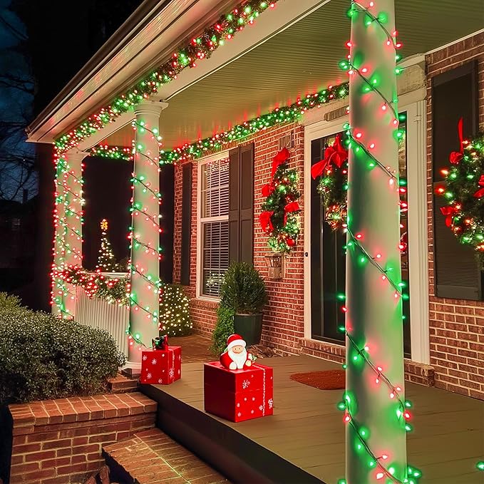 JMEXSUSS 600 LED Christmas String Lights Outdoor, Red White and Green Lights Clear Wire, Christmas Tree Twinkle String Lights Plug in for Tree Xmas Decorations