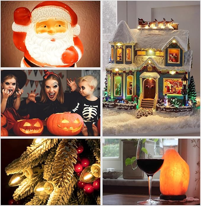 2-Pack Accessory Cord with 2 C7 LED Night Light Bulb, Candelabra-Base E12 Socket White Cord with On/Off Switch Plugs, for Holiday Decorations, Christmas Village House, Pumpkin Lights