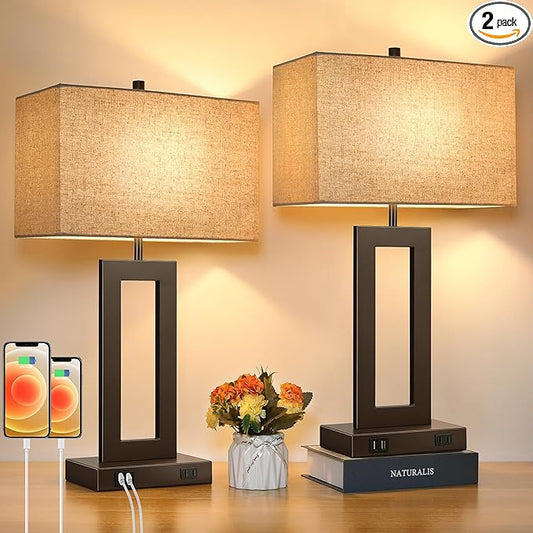 Set of 2 Touch Control Table Lamps with 2 USB Ports&AC Outlet, 3-Way Dimmable Modern Nightstand Lamp Sets, Brown Bedside Desk Lamps for Bedroom Living Room End Tables, Bulbs Included, Cream Shade