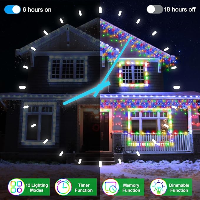 66FT 670 LED Christmas Lights 148 Ice Drops, 12 Modes and Timer Memory Dimmable, Outdoor Waterproof Hanging String Light for Xmas Holiday Wedding Garden Fence House Tree Outside Decor (Multicolor)