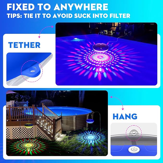 FirstE Solar Floating Pool Lights, RGB Color Changing Pool Floating Lights, Hangable IP68 Waterproof Solar Pool Light That Float for Pool Wedding Path Party Decoration, No Need Electric Wire