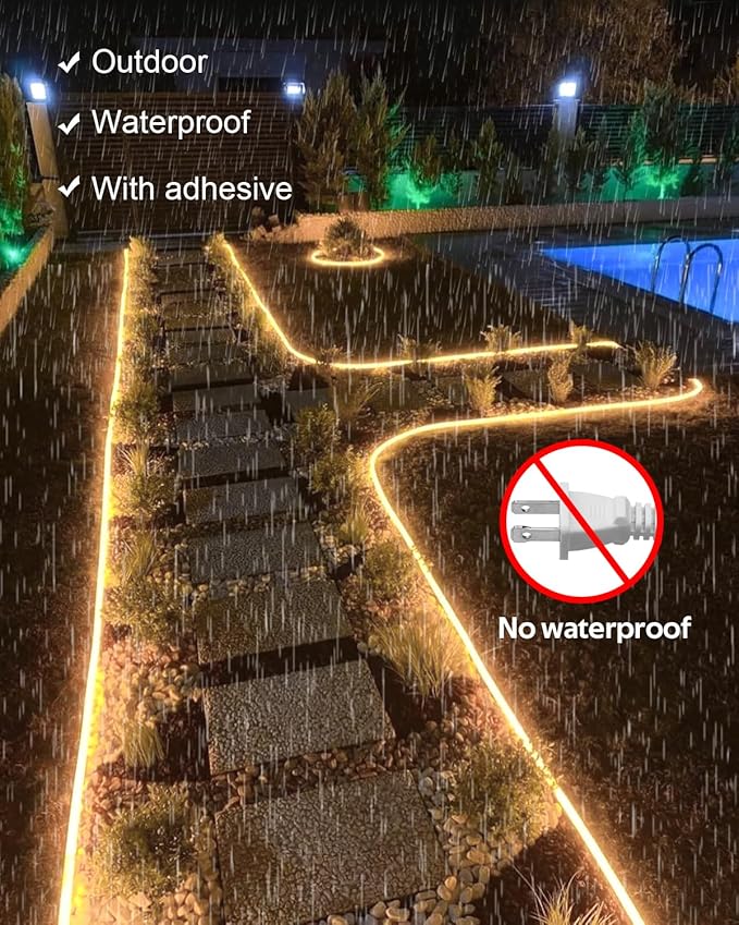 Aclorol 100FT 120V COB Outdoor LED Strip Lights Waterproof IP68 AC 110V High Voltage LED Rope Light for Outside Self-Adhesive for Patio Deck Garden Lighting Projects 8640 LEDs