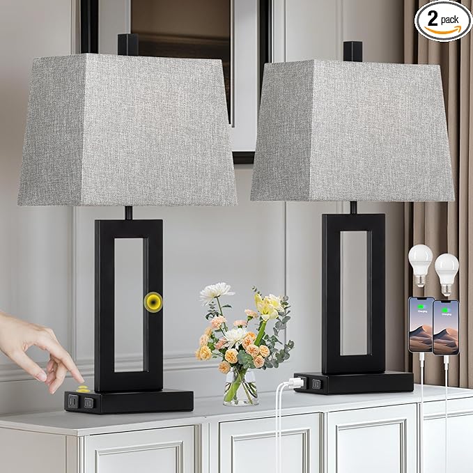 Touch Control Table Lamp Set of 2, Modern Black Bedside Lamps with USB C+A Ports & AC Outlet, 3 Way Dimmable Bedroom Lamps for Night Stands Bedroom Living Room,Nightstand Lamp