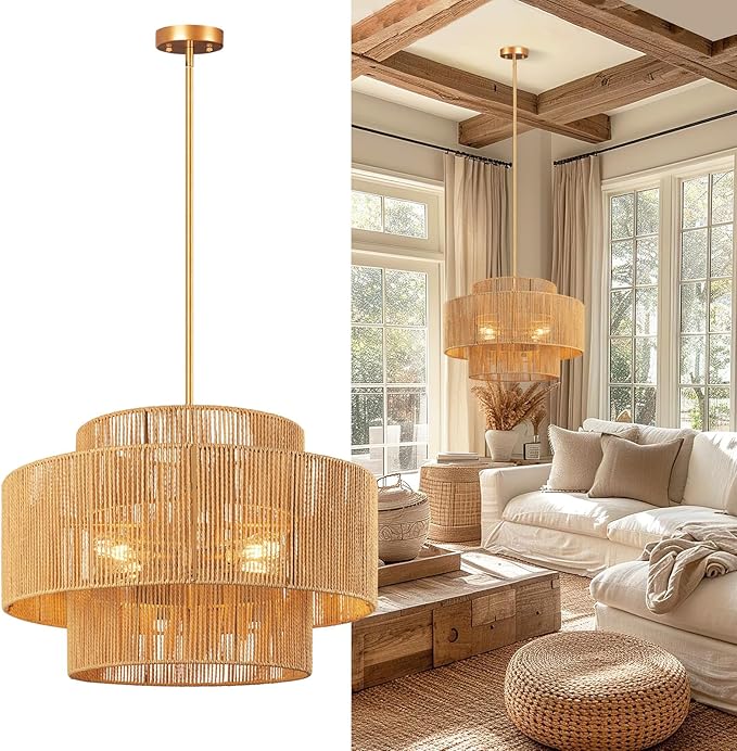24'' Boho Rattan Chandelier, 4-Light Hand-Woven Wicker Pendant Lamp, Rustic Modern Ceiling Light Fixture for Dining Room, Kitchen Island, Living Room, Bedroom, Foyer, Entryway, Over Table