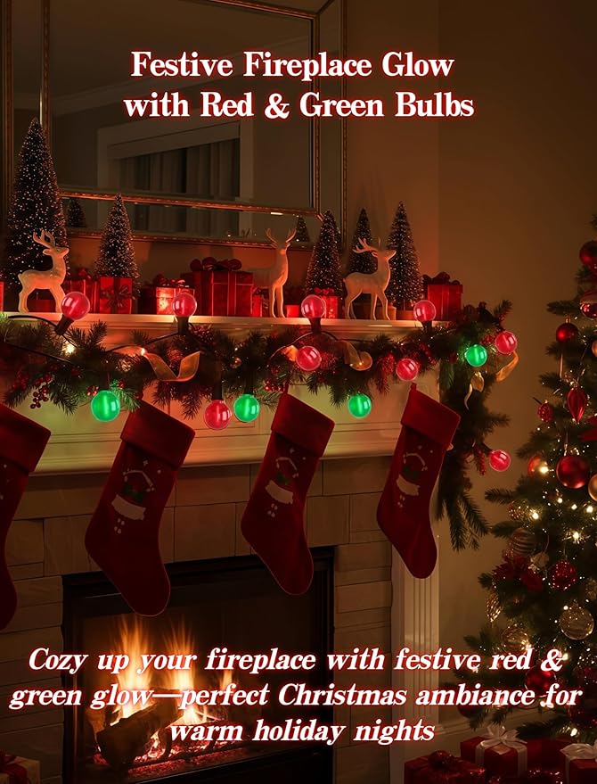 25 Pack Frosted Red Green G40 LED Light Bulbs – 0.6W E12 Base Replacement Bulbs for Christmas Lights, String Light Bulb for Outdoor String Lights, Christmas Tree, Porch, Holiday Decorative Lighting