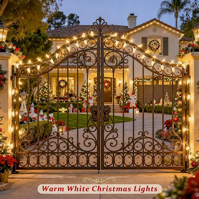 JMEXSUSS 100 LED C9 Christmas Lights Outdoor: 66 FT 8 Modes Plug in Connectable C9 Warm White Christmas Lights for Tree Roof Eaves Garden Decor