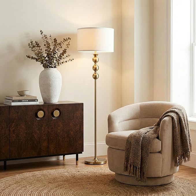 Brightech Riley 60" Floor Lamp, Elegant Modern Standing Lamp with Drum Shade, Boho Chic Mid-Century Living Room Décor, Classy, Traditional Art Deco Corner Floor Lamp for Bedroom, Office - Gold/Brass