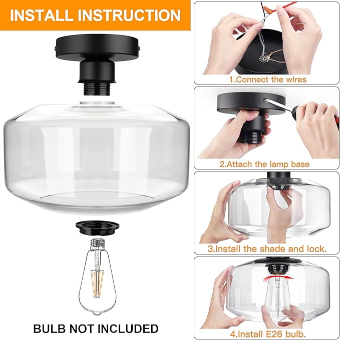 MAXvolador Industrial Semi Flush Mount Ceiling Light Extra Large, Clear Glass Pendant Lamp Shade, Vintage Hanging Light Fixtures, Lighting for Hallway