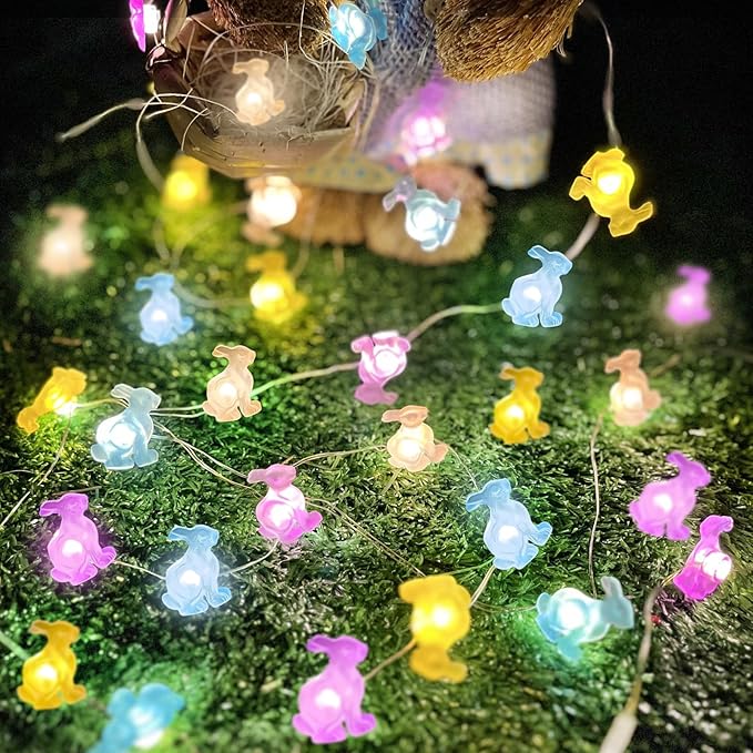 EXF Easter Decorations Bunny Pastel Fairy Lights, Battery Operated with Remote & 8 Modes & Timer, Waterproof Easter String Lights for Indoor Spring Themed Party Decor (Multi Color)