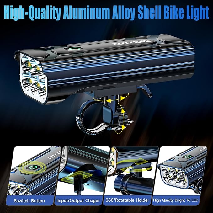 2026 Lumen Bike Lights,Super Bright 6 LED Rechargeable Bicycle Light,10 Mode Headlight Taillight,360°Rotatable Brackt,Aluminum Waterproof Light,Runtime 48+ hrs,Shockproof for Road,Mountain