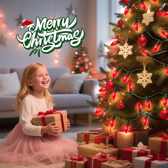 Minetom C9 Christmas String Light Red, 50ft Vintage Christmas Tree Lights, Outdoor Roofline String Lights with 50+2 Red Bulbs for Patio Garden Holiday Indoor Home Xmas Decoration, Green Wire
