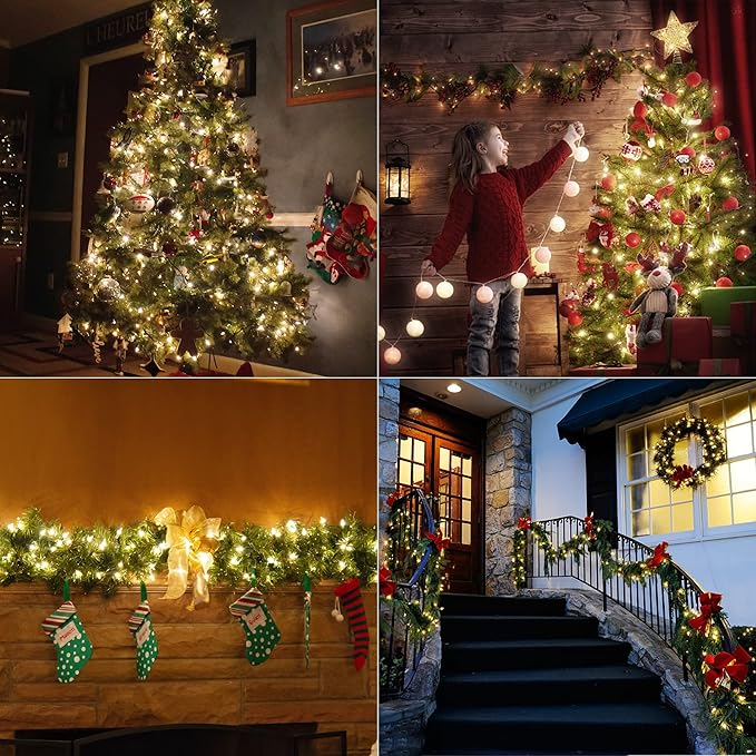 WATERGLIDE C6 Christmas Lights, 33ft 100 LED Faceted String Lights Green Wire Fairy Lights with 29V Safe Adaptor, 8 Lighting Mode, Waterproof for Indoor Outdoor Patio Xmas Tree Party Decor, Warm White