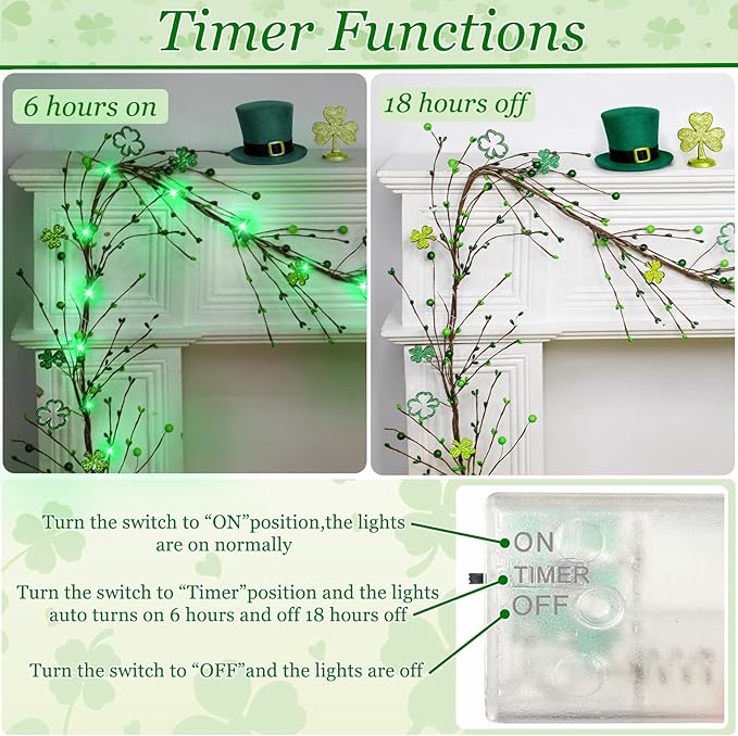 Timer - Lighted St Patricks Day Garland St Patricks Day Decorations, 6 Ft Shamrock Garland with 20 Green Lights Berried Artificial Clover Garland Irish St. Patrick's Day Decor for Home Mantle Table