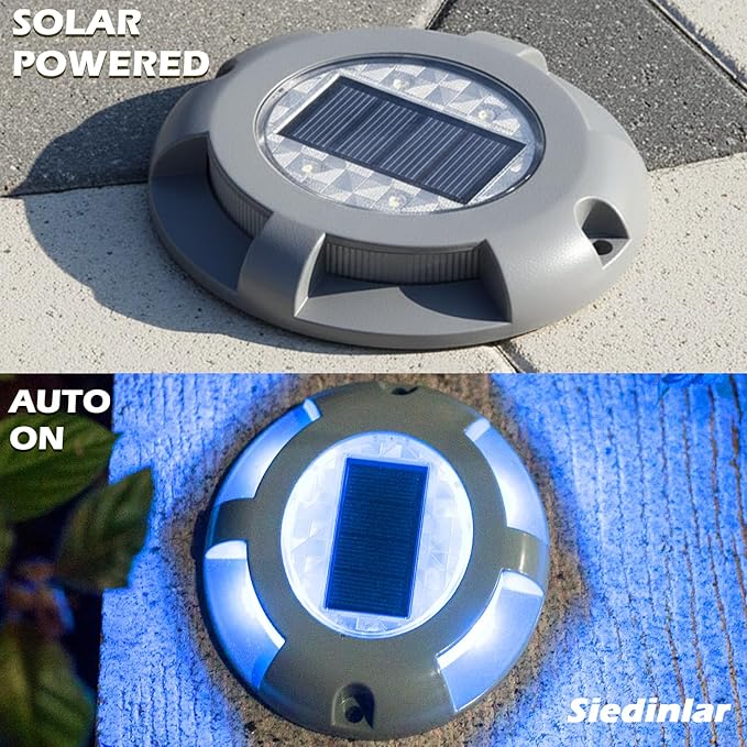SIEDiNLAR Solar Deck Lights Driveway Dock Light LED Solar Powered Outdoor Waterproof Road Markers for Garden Step Sidewalk Stair Ground Pathway Yard 4 Pack (Blue)