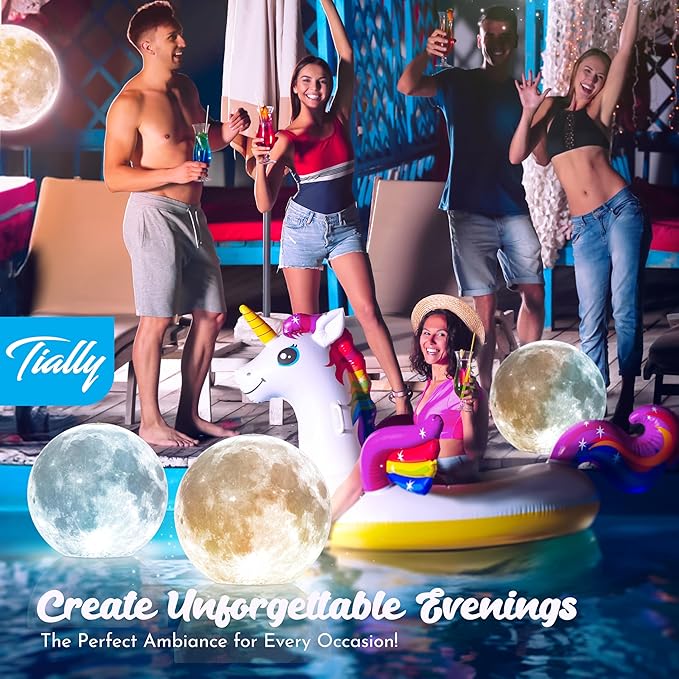 TIALLY Full Moon Floating Pool Lights Solar Powered - 14", That Float, Inflatable Waterproof Led Light Balls, Swimming Pool Accessories for Inground Pools, Party Decor for Outdoor (4 Pack)