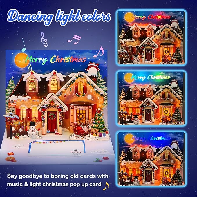 FaCraft Musical Christmas Cards, with Lights and Music, Decorated House, Handmade 3D Pop Up Christmas Card, with Envelope, Blank Insert and Seal, for Winter, Holidays, New Year