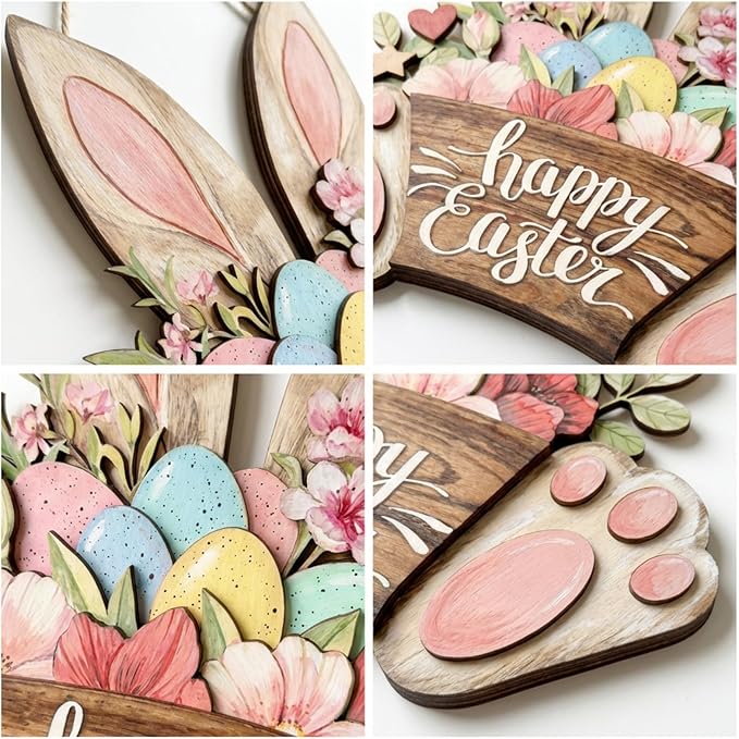 Happy Easter Door Decorations Hanging Sign for Decor for Frontdoor 11.8 Easter Eggs Hanging Plaque Bunny Rabbit Sign Wall Hanger Floral Spring Decor for Front Door Porch Yard Wall Home Decorations