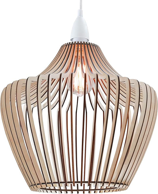 Wood Pendant Light - Easy-to-Assemble Ceiling Chandelier - Modern Boho Hanging Lamp Lighting Fixture for Dining, Kitchen, Bedroom, Living Room - Adjustable Nylon Cord, Uses Standard Bulb