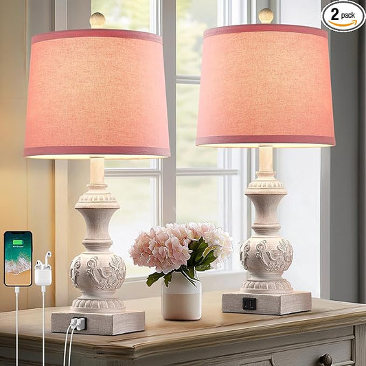 Set of 2 Pink Farmhouse Table Lamps 23.5" Vintage Nightstand Lamp with USB A+C Ports Antique Carved Floral Base & Pull Chain for Bedside, Living Room, Girls Bedroom, Dorm (Bulb Not Included)