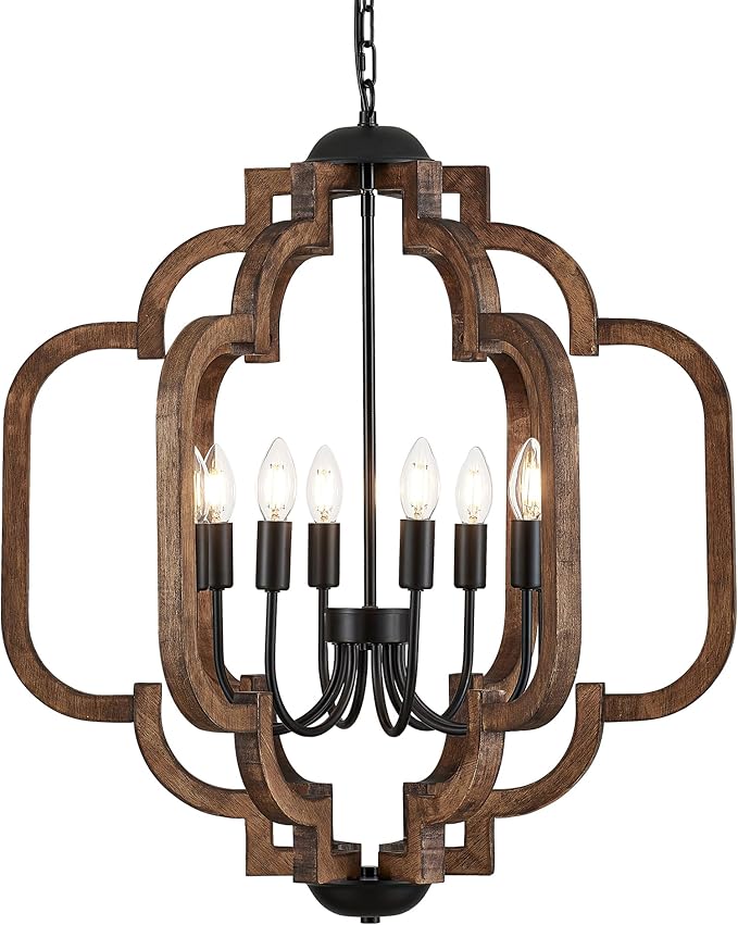 24.6" Farmhouse Vintage Chandelier 8-Light for Dining Room Rustic Handmade Wood Hanging Ceiling Pendant Light Fixture for Entryway Brown Retro Chandeliers for Kitchen Bedroom Foyer Hallway