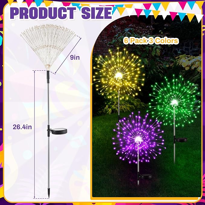 6 Pcs Mardi Gras Solar Firework Lights Solar Lights Outdoor Garden 120 LED 8 Modes Waterproof LED Sparkler Outdoor for Carnival Patio Yard Pathway Walkway (Purple,Yellow,Green)