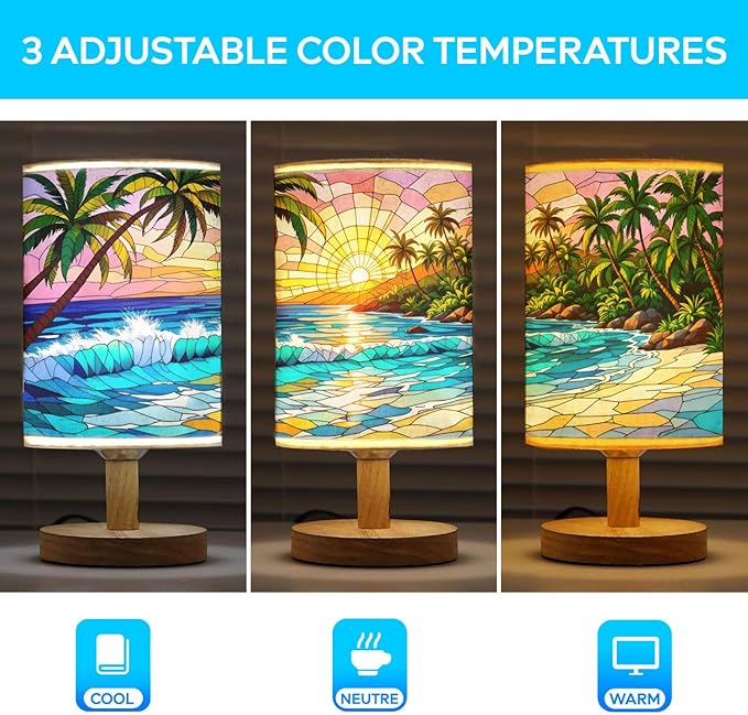 Tropical Island and Blue Ocean Table Lamp LED 3-Color Pressed Bedside, Tropical Island and Blue Ocean Shade Lamp with Wood Base for Bedroom Living Room Desk Office TL01