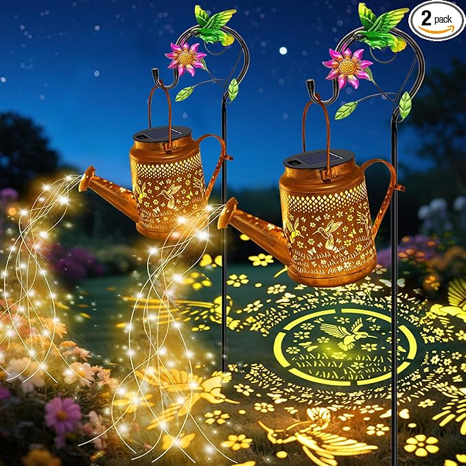 VOOKRY 2 Pack Hummingbird Metal Solar Watering Can Lights, Solar Lights Outdoor Waterproof, Birthday Gifts for Women Mom Grandma, Hanging Lanterns Decorative Garden Decor for Outside Yard Patio Lawn