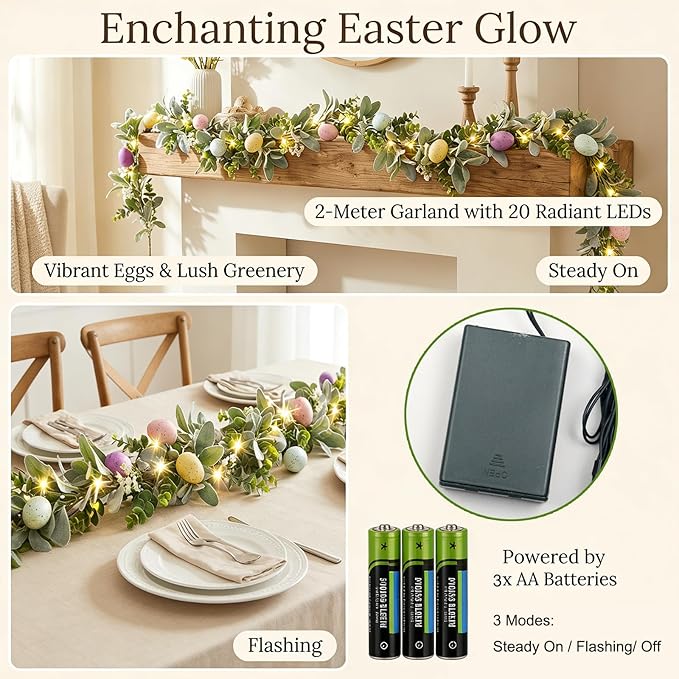 6FT Easter Egg Garlands with Lights for Mantle Artificial Colorful Spring Floral Eucalyptus Garland with LED 3 AA Battery Powered for Home Decoration Indoor Outdoor