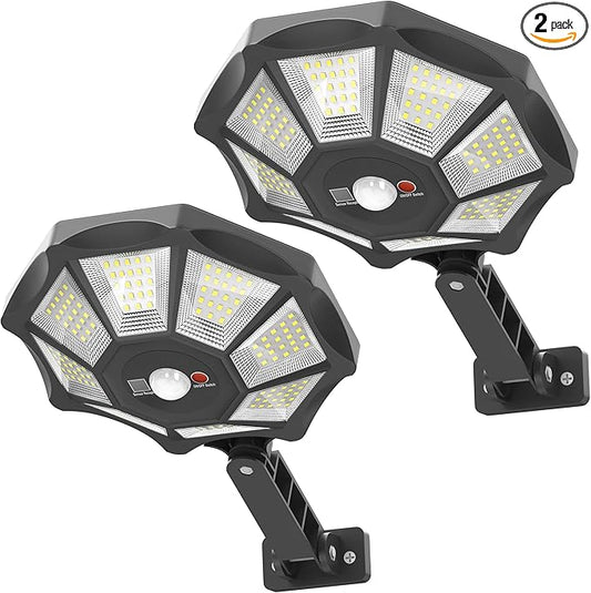 Solar Lights Outdoor, 168LED 6500K Flood Light Dusk to Dawn, 8 Sides Solar Outdoor Lights with Motion Sensor, IP66 Waterproof Solar Street Lights Outdoor for Yard, Pools(2 Pack)