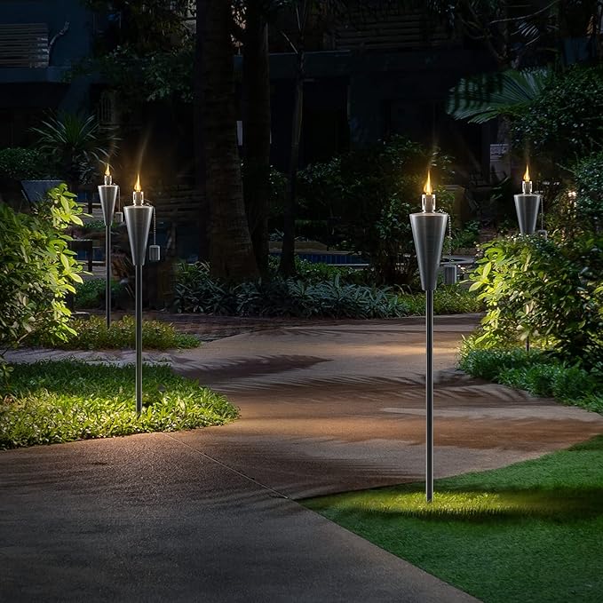 Matney Stainless Steel Torches for Outside - Outdoor Torches - Patio Garden & Yard Lights - 5 ft Oil Lamp for Citronella - Fiberglass Wick & Snuffer Cap - Set of 4 (Cone)
